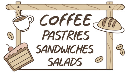 Charming hand drawn illustration of a cafe menu board featuring coffee pastries sandwiches and salads with decorative coffee beans and a slice of cake