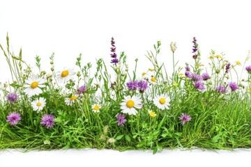 Fototapeta premium Floral meadow bliss Daisies lavender vibrant grass summer peace joyful nature on white background. Generative Ai