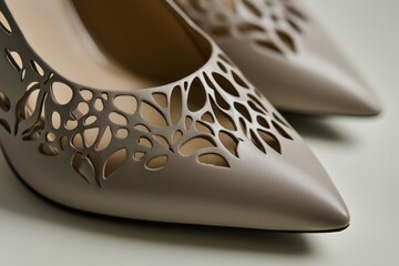 Fototapeta premium Close-up of elegant, laser-cut, light taupe leather heels.