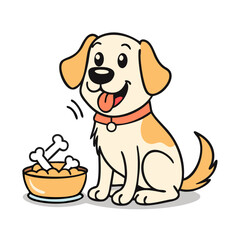 Happy dog cartoon character with bowl food and bone 