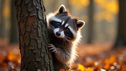Fototapeta premium In the forest in late fall, a curious raccoon lies on a tree trunk