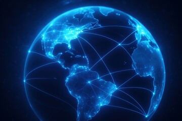Global Connections: The globe glows with interconnected networks of light, symbolizing the essence of worldwide communication, business, and the digital era.