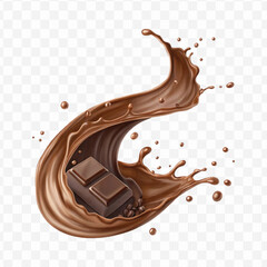 realistic 3d chocolate fluid splash flow with drops, bubbles  in curve style isolated on transparent background