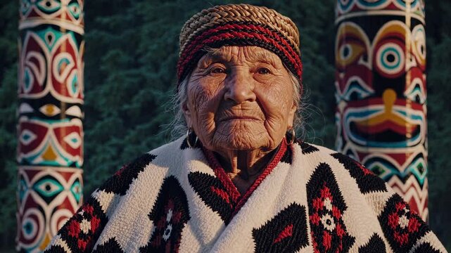 Elderly Native American woman in traditional attire stands in front of totem poles. She has gray hair and wears a patterned shawl. Haida heritage