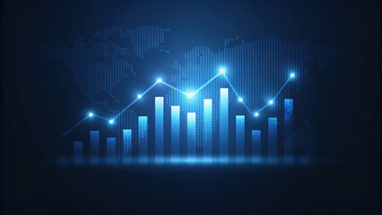 Digital bar chart displays data trends over global map background, showcasing growth