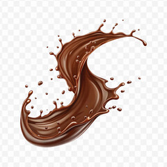 realistic 3d chocolate fluid splash flow with drops, bubbles  in curve style isolated on transparent background