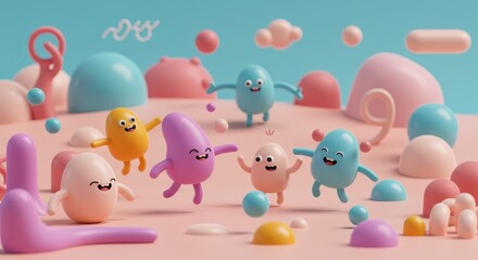 Playful colorful characters dancing joyfully in a whimsical landscape - Concept of dopamine design  