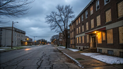 Fototapeta premium Empty city street with boarded up apartments at twilight, evoking sense of desolation