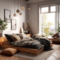 Bedroom with wooden accents, low bed, and soft, calming tones for a restful atmosphere.
