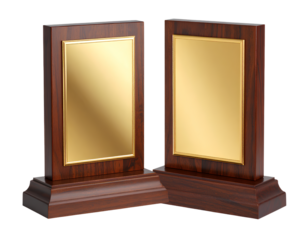 3D Render of Dual Wooden Base Trophies with Shiny Gold Display Panels, Transparent Background
