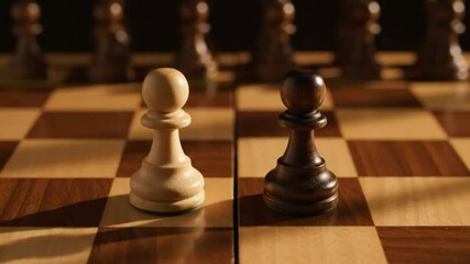 Chessboard with white  black pawns facing each other