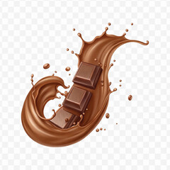 realistic 3d chocolate fluid splash flow with drops, bubbles  in curve style isolated on transparent background