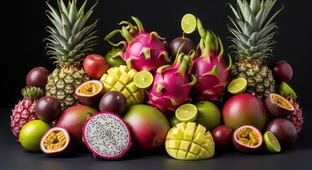 Exotic fruit arrangement including pineapples, mangoes, and dragon fruit  