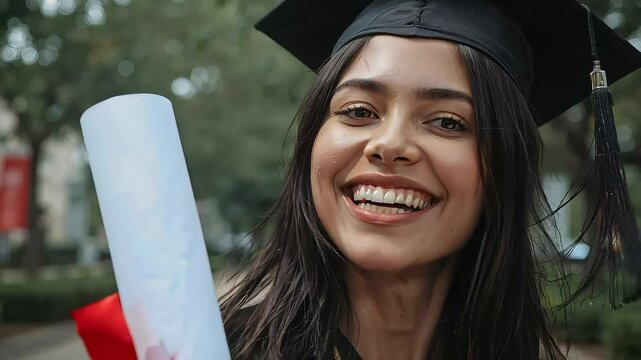 Happy young woman graduate student in cap and gown celebrating academic success with a smiling face