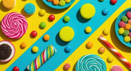 Colorful assortment of candies on bright yellow and blue background  