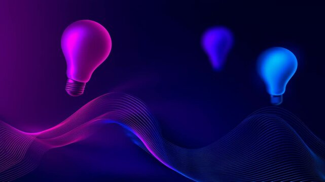 Colorful light bulbs in shades of pink and blue floating above a dynamic wave of digital particles, creating a vibrant and modern atmosphere for creative inspiration and innovative ideas