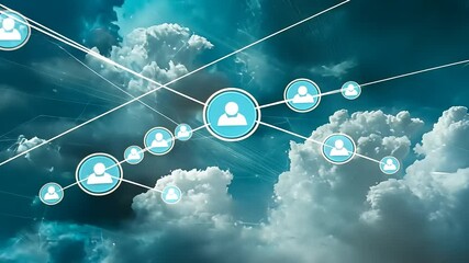 Abstract representation of digital connectivity with user icons against a dramatic cloud background - Powered by Adobe