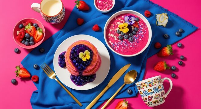 Colorful breakfast spread with pancakes, berries, and smoothie bowls - Concept of dopamine design  