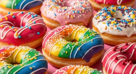 Colorful donuts with sprinkles on pink background, concept of dopamine design  