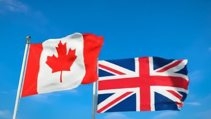 Waving flag of Canada and United Kingdom against sky, England and canada's flags animation