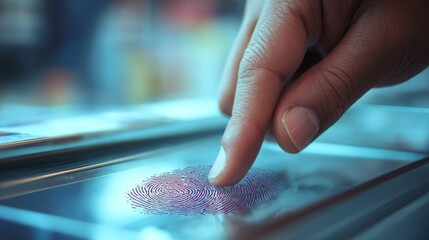 Customer places thumbprint at a pharmacy counter for payment, reflecting biometric security. 