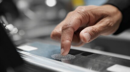 Customer places thumbprint at a pharmacy counter for payment, reflecting biometric security. 