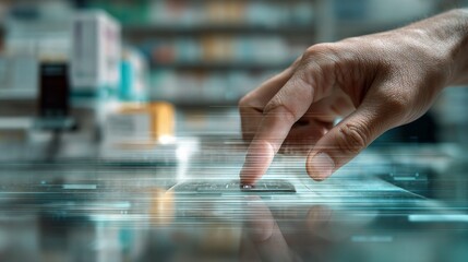 Customer places thumbprint at a pharmacy counter for payment, reflecting biometric security. 