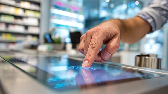 Customer places thumbprint at a pharmacy counter for payment, reflecting biometric security.