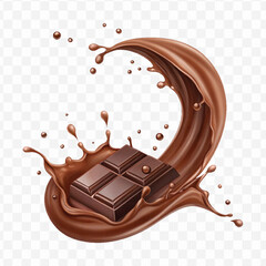 realistic 3d chocolate fluid splash flow with drops, bubbles  in curve style isolated on transparent background
