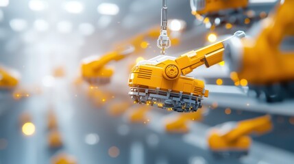 Engineer construction site concept. Industrial robotic arm in a futuristic setting with blurred background.