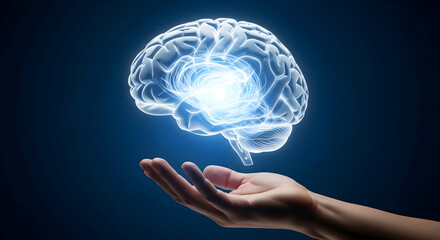 Radiant human brain hovers over an outstretched hand, representing intelligence and discovery.