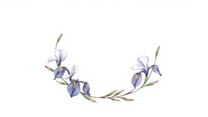 Naklejka premium A half-circle wreath made of iris, delicately rendered with transparent watercolor strokes and fine ink sketch details.