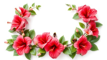 A beautifully detailed 3D render of an L-shaped corner wreath adorned with hibiscus flowers, buzzing with bees and bumblebees, exuding lifelike charm.