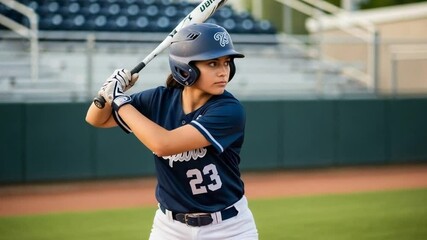 Determined Female Softball Player in Batting Stance on Green Field, Ready to Hit - Powered by Adobe