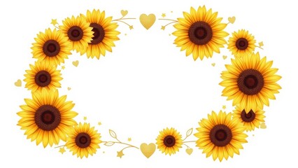 A striking circular wreath crafted from sunflowers with gold foil accents, adorned with delicate hearts and stars.