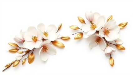 A diagonal floral arrangement featuring magnolias with falling petals, enhanced with an elegant gold foil effect.