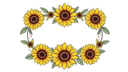 A beautifully hand-drawn symmetrical wreath featuring sunflowers, tiny hearts, and stars in soft pastel tones.