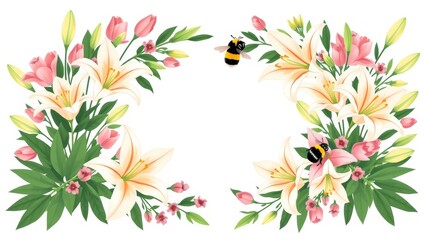 A side trail floral wreath made of lilies, with bees and bumblebees, in flat vector design.