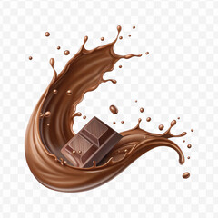 realistic 3d chocolate fluid splash flow with drops, bubbles  in curve style isolated on transparent background