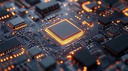 Fototapeta premium Close-up of glowing CPU on circuit board