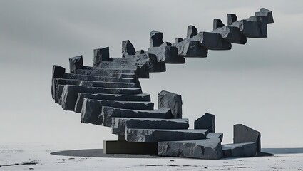 A surreal, impossible spiral staircase made of stone. An abstract concept for a journey, progress, career ambition, and challenges.

