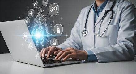 Medical professional uses advanced digital technology to analyze human health data and diagnostics.