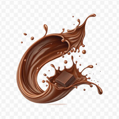 realistic 3d chocolate fluid splash flow with drops, bubbles  in curve style isolated on transparent background