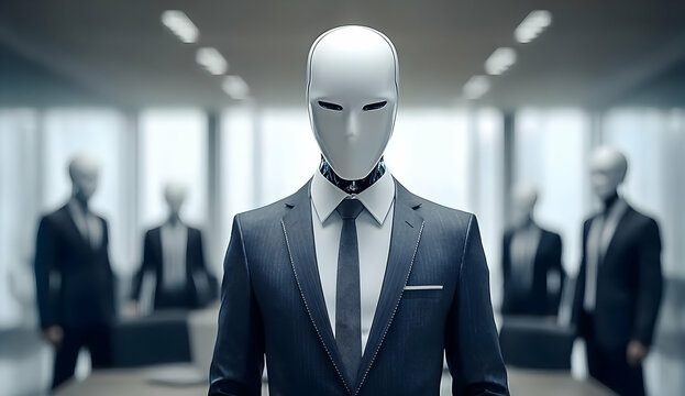 A futuristic business meeting scene featuring humanoid figures in suits with blank white masks, embodying themes of technology and corporate culture.