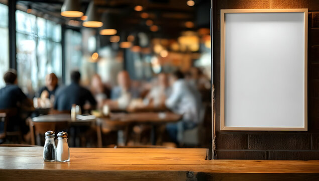 A cozy restaurant interior featuring a wooden table with condiments and a blank frame for your creative ideas, perfect for food lovers and diners. - Powered by Adobe