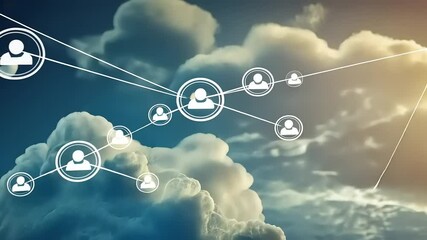 Digital cloud network with user icons representing connectivity and communication in the sky - Powered by Adobe