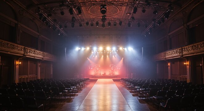 Theater interior. Empty concert hall. Bright stage lights. Dark audience seating. Stage performance area. Indoor venue. Architectural details. Spotlight beams. Empty theater. Nighttime