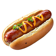 Hotdog bun sausage ketchup isolated, Fast food meat snack item, Grilled classic street food, Condiment topped savory treat, Transparent PNG isolated food