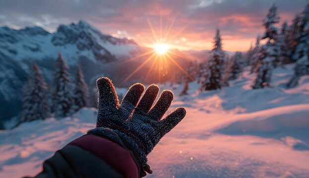 A gloved hand reaching towards the glowing sunset over snow-covered mountains, capturing a serene moment in nature's winter beauty. - Powered by Adobe