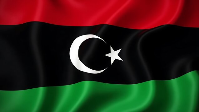 A vibrant depiction of the Libyan flag waving in the wind, showing its colors. - Powered by Adobe